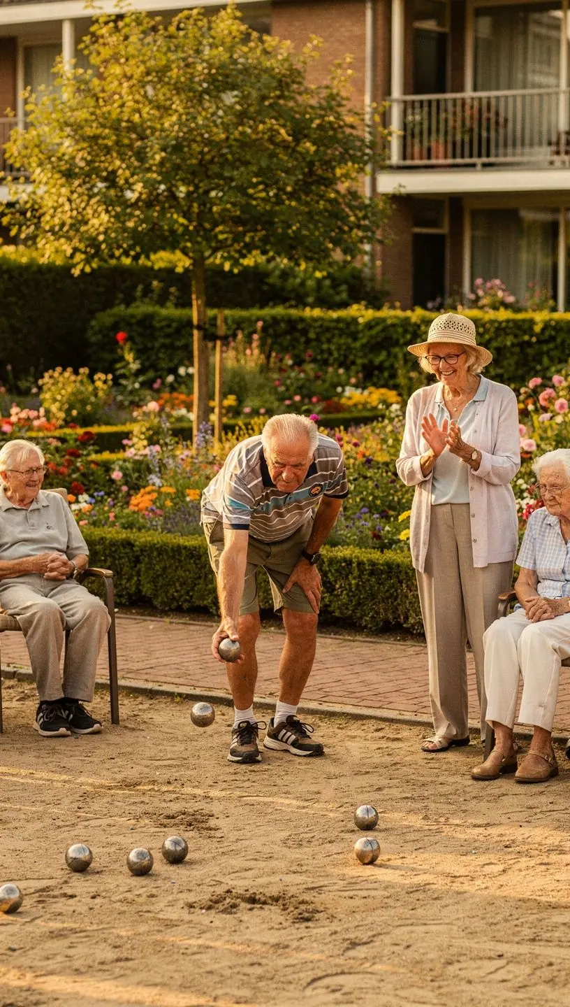 Een vriendelijke zorgverlener helpt een oudere man met dagelijkse activiteiten in zijn woonkamer.