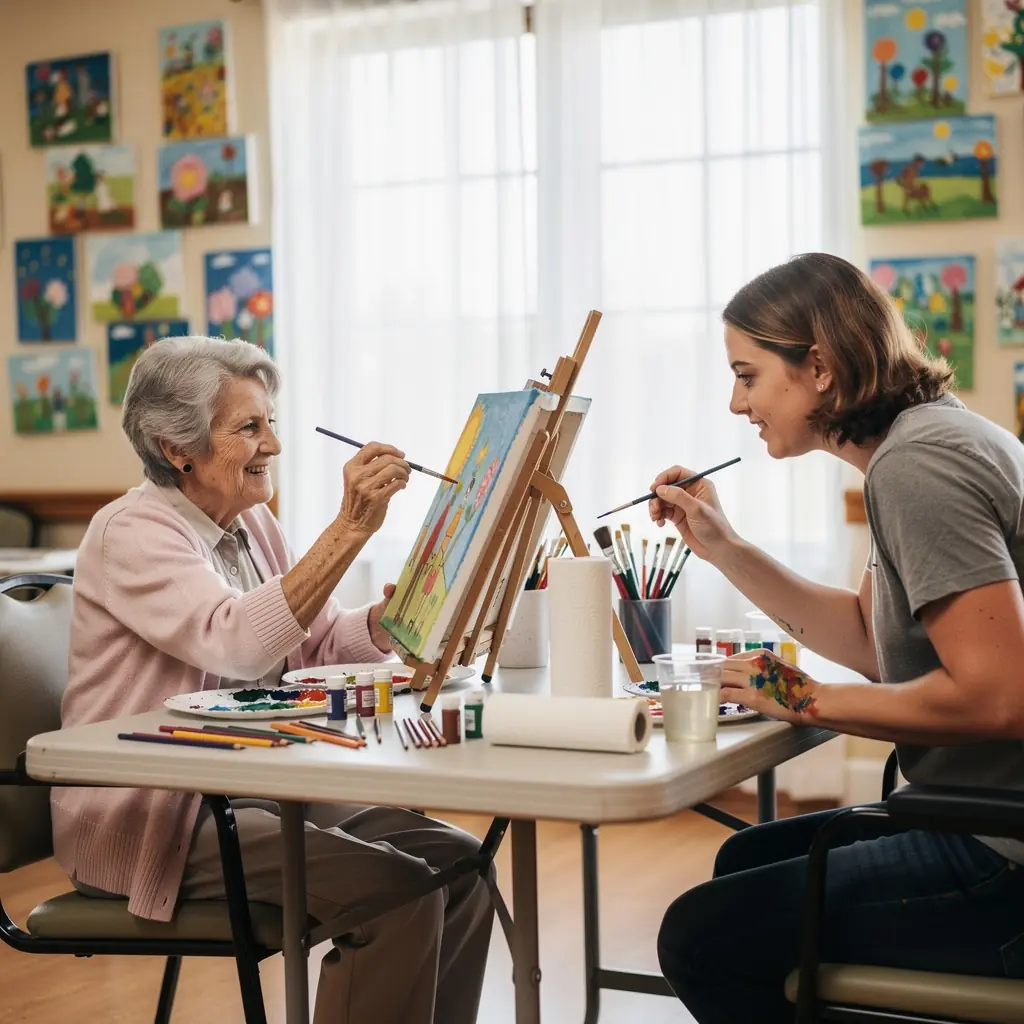 Een verpleegkundige biedt ondersteuning aan een oudere vrouw terwijl zij samen een wandeling maken in het park.